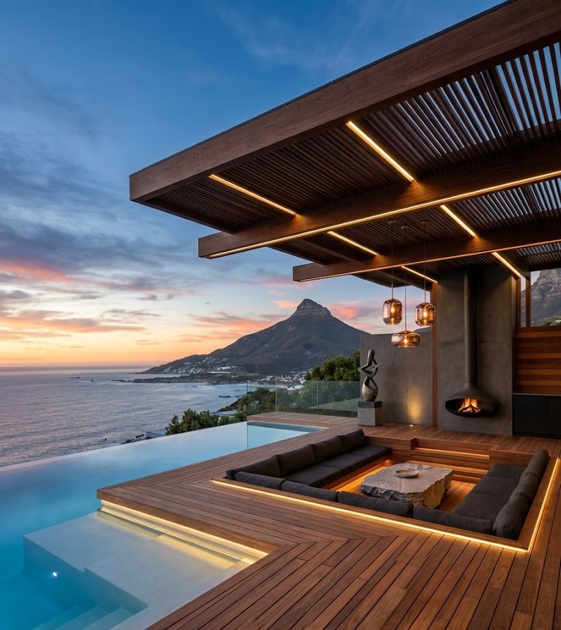Large-scale luxury entertainment deck and illuminated pool area by Cape Town Timber Decking.
